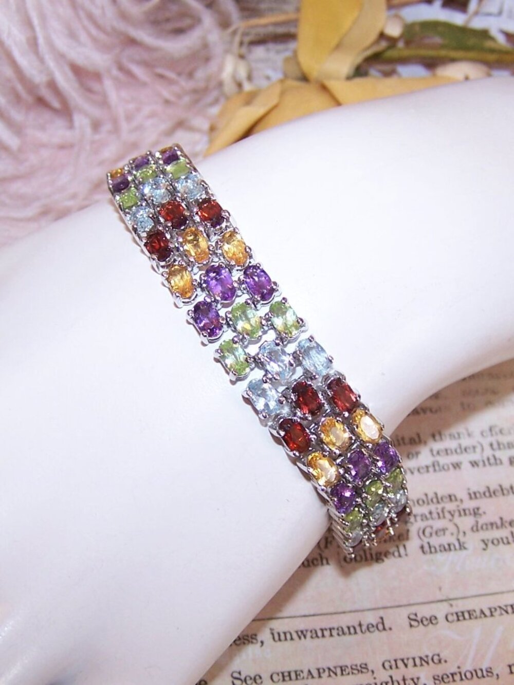FAS Sterling Silver Triple Row Multi-Gemstone Tennis Bracelet - 7" Wearable